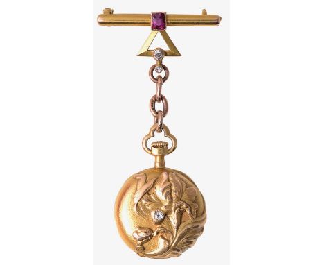An 18ct gold embossed fob watch the enamel dial with gilt Arabic numerals, dot markers and filigree hands, the reverse of the