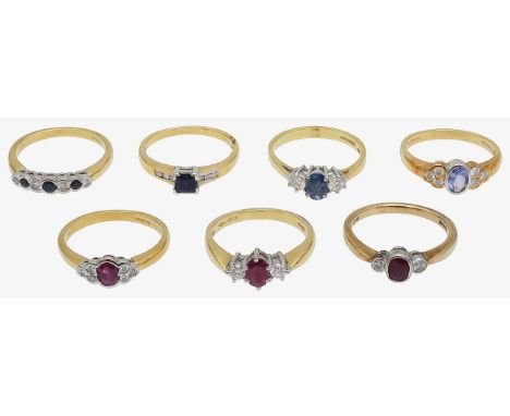 Seven 18ct gold ringsincluding; 18ct gold sapphire single stone ring, central square-cut sapphire, set above diamond set shou