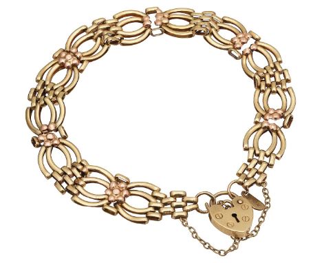 A 9ct gold fancy gate braceletstamped with hallmarks to link, with heart padlock, stamped "375", and safety chaintotal approx
