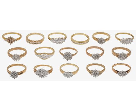 A collection of diamond and colourless gem set cluster rings of varying design, stamped with 9ct gold hallmarks to shank, inc