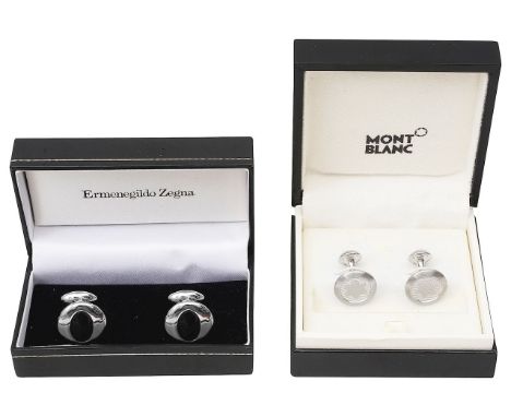 Two pairs of cufflinks including Mont Blanc.A pair of sterling silver Mont Blanc cufflinks engine turned with the Mont Blanc 