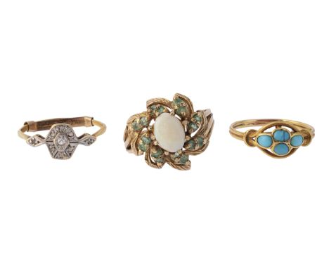 Three gem set dress ringsIncluding 18ct gold Edwardian diamond set dress ring, set with eight rose cut diamonds and an old cu