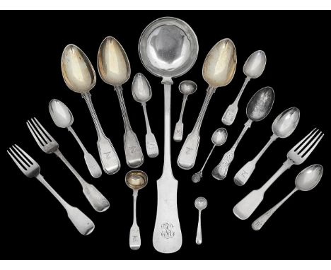 A late 19th century German .800 silver fiddle pattern soup ladle and other silver flatware various dates makersfirst stamped 