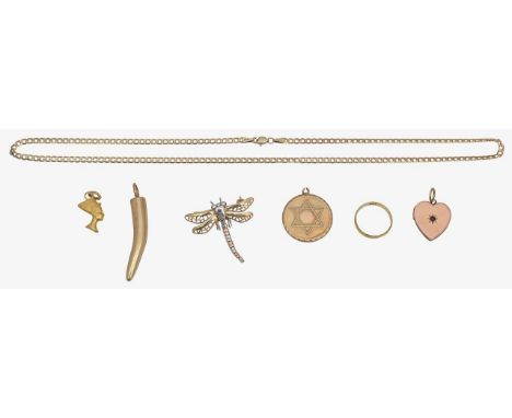 A collection of accessoriesincluding: 9ct gold flattened curb-link chain, stamped with hallmarks; 9ct gold chilli pendant, st