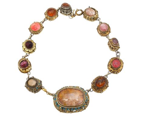 A 19th century Chinese necklacecomposed of 12 various oval collets, some with vestiges of kingfisher feather inlay, each set 