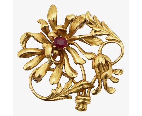 A French Art Nouveau ruby and yellow gold broochthe stylised chrysanthemum centrally-set with a cushion-shaped ruby (untested