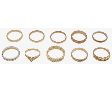 A collection of gold bandsincluding; five 9ct gold bands, of varying design, stamped with hallmarks; two 9ct gold bands, stam