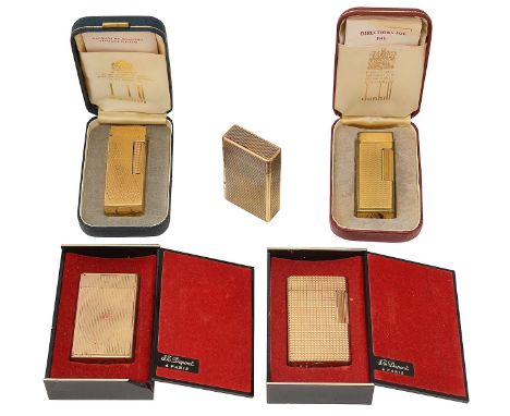 Five gold plated Dunhill and S J Dupont 'Rollargas' cigarette lighterscomprising two engine turned lighters by Dunhill, both 