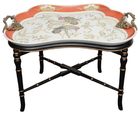 A gilt metal mounted ceramic tray top table by Wong Lee of shaped form mounted with ormolu acanthus scroll handles, decorated