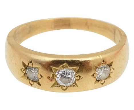 An 18ct gold and diamond set gypsy ringfeaturing three round brilliant-cut diamonds, set within 18ct gold shank, stamped with