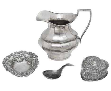 A George V silver cream jug, and Edwardian heart shaped trinket box and other itemsfirst Sheffield, 1912, Walker and Hall, of