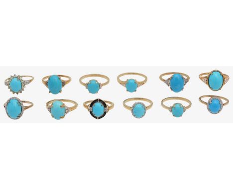 A collection of 9ct gold and turquoise ringsincluding; four 9ct gold, turquoise and gem-set cluster rings, stamped with hallm