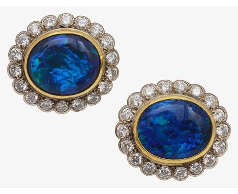 A pair of 18ct gold, black opal and diamond set earringscentral oval cabochon black opal, collet set above a diamond set bord
