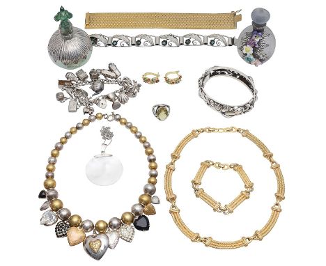 A collection of silver and costume jewellery to include a Christian Dior gilt metal rope link necklace and matching bracelet,