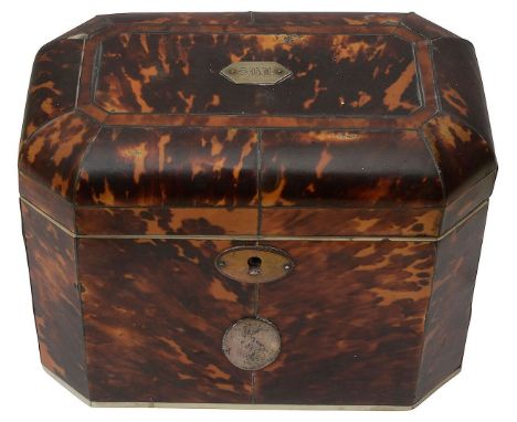 A George III tortoiseshell tea caddy rectangular with canted corners, silver wire strung and ivory crossbanded, hinged domed 