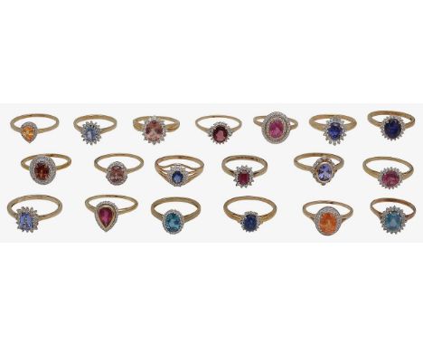 A collection of gold and gem set cluster rings including; 14ct gold, blue-gem and cubic zirconia set cluster ring, stamped wi