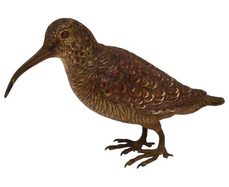 Franz Bergman. An Austrian cold painted bronze of a Woodcockc.1900standing, naturalistically painted plumage, vase markheight