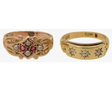 Two ringsthe first; diamond set "Mizpah" ring, central hinged panel, set with three round brilliant cut diamonds, opens to re