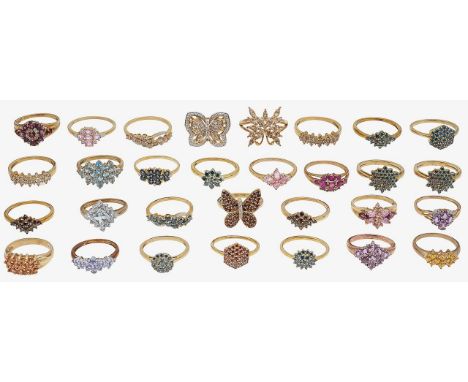 A collection of 9ct gold, colourful gem-set cluster ringsall stamped with 9ct gold hallmarks to shank, including three 9ct go