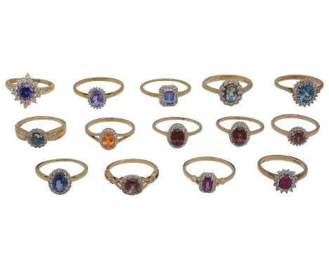 A collection of gem-set ringsincluding; 14ct gold, purple and colourless gem set cluster ring, stamped with hallmarks; 9ct go