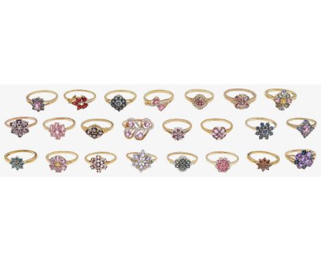 A collection of 9ct gold, multi-gem set cluster ringsall stamped with 9ct gold hallmarks to shank together with blue and pink