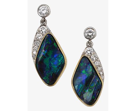 A pair of black opal and diamond ear-pendantsset within 18ct gold, stamped with hallmarks to stem total approx. length of opa