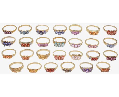 A collection of 9ct gold, colourful gem set ringsof varying design, all set within 9ct gold, stamped with hallmarks to shank,