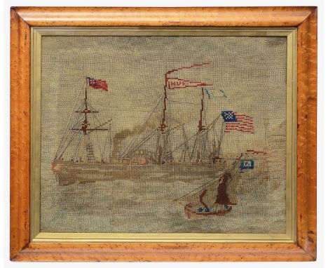 A mid 19th century needlework tapestry of a paddle steamer flying the American flag and with raised cord rigging, birds eye m