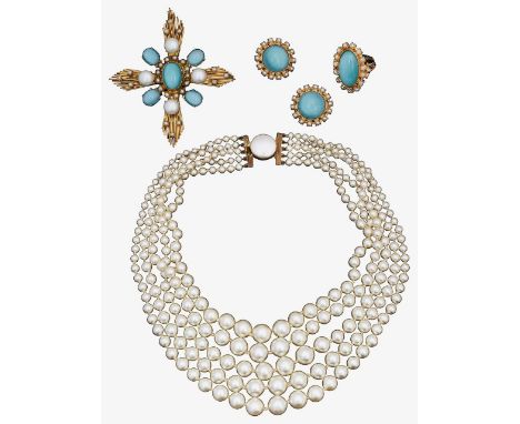 Dame Barbara Cartland. A collection of costume five strand faux pearl necklace together with a pair of blue paste and faux pe