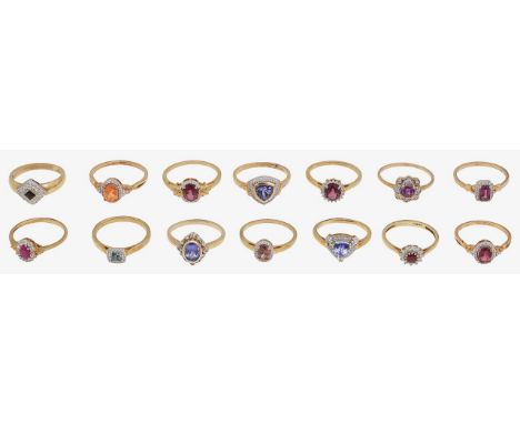 A collection of 9ct gold cluster ringsincluding a selection of mauve, purple, orange and green set cluster rings, featuring a