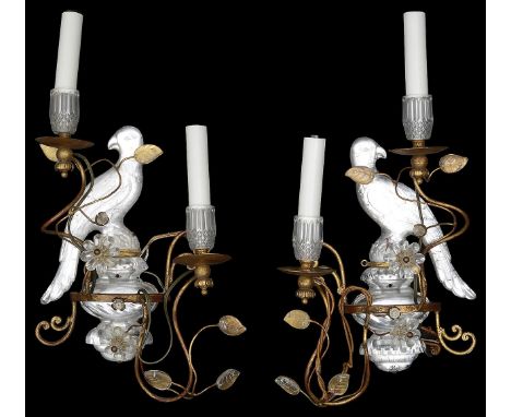 A pair of French two light crystal and gilt painted metal 'Parrot' wall appliques c.1960attributed to Maison Bagues, the back