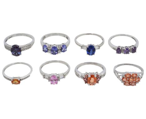 A collection of ringsincluding; 9ct white gold and alexandrite single stone ring, central oval mix-cut alexandrite, claw set 
