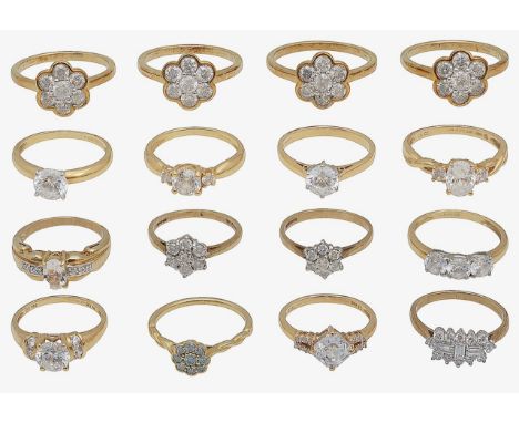 A collection of gem-set rings including; three 9ct gold daisy cluster rings, set with colourless gems, stamped with hallmarks