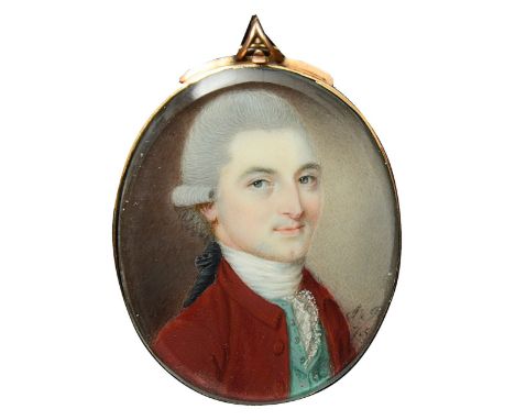 James Jennings (British, fl. 1763-1783)Portrait miniature of a gentleman facing right, wearing a a red coat, white stock, gre