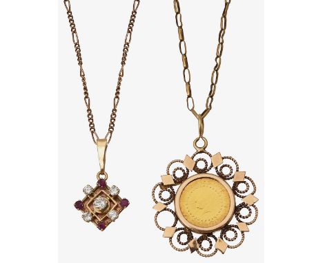 A diamond and ruby geometric pendant and a 22ct coin pendantthe first; diamond and ruby pendant, of geometric design, featuri