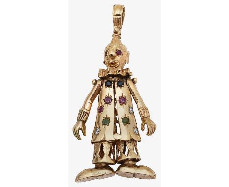 A 9ct gold and gem-set clown charmset with diamonds, ruby, sapphire and emeralds, with articulated arms, head and feet, stamp