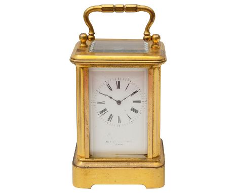 A late 19th century French miniature ormolu carriage timepiece by Leroy Filswhite enamel dial with black Roman numerals, minu