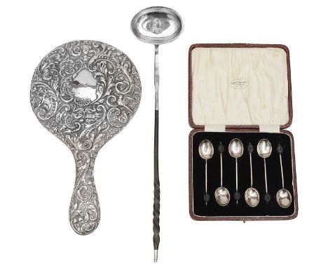 A George III silver punch ladle, hand mirror, a cased set of coffee spoonsfirst unmarked, the oval bowl set with a George III