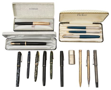 A collection of pensto include cased Parker 51 trio in teal formed of fountain pen, ball point pen and propelling pencil, nam