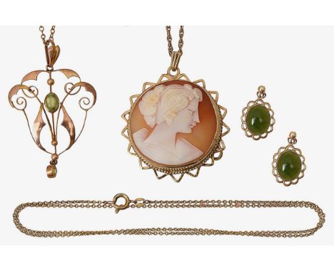 A small collection of pendants and earringsthe first; Edwardian green-gem set pendant, of scrolling open design, suspended fr