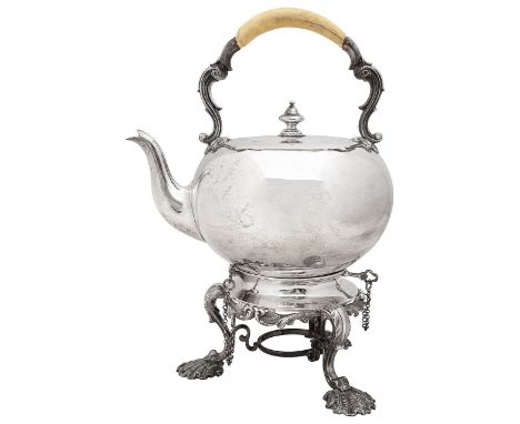 A Victorian silver tea kettle on and associated standLondon, 1872, Richard Sibley II retailed by Thomas 155 New Bond Streetof
