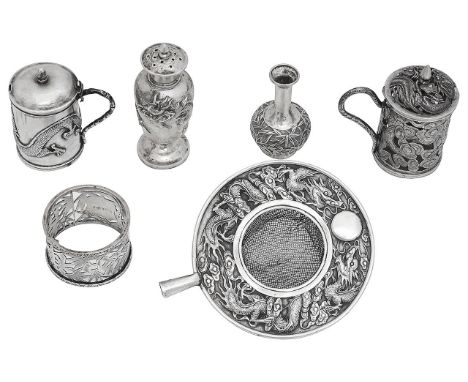 A collection of Chinese export silver c.1900comprising a mustard pot stamped WC90 of drum form with hinged domed cover and si