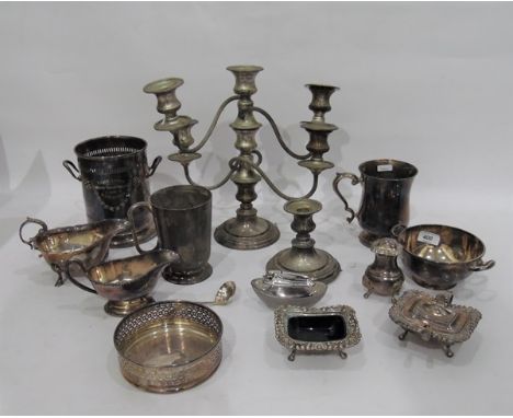 Small quantity of silver plate to include candelabra, candlestick, wine holder, gravy boat, etc 