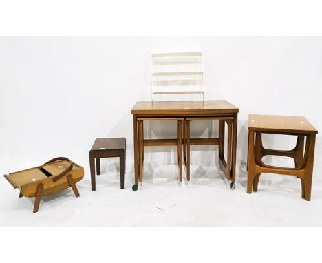 Sewing box, a nest of two occasional tables, a painted three-shelf wall rack and a further nest of three tables (5)