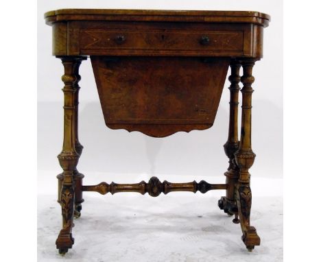 Victorian figured walnutwood and inlaid games/sewing/work table, rounded oblong, the folding top having chequerboard, backgam