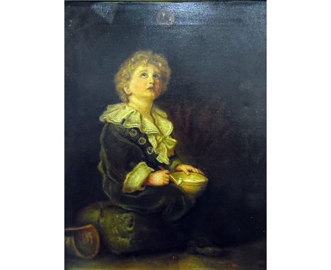Doris Davis (early 20th century school)Oil on canvas Portrait of young boy blowing bubbles, seated on log, in the manner of P