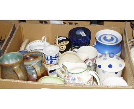Quantity of ceramics including T G Green style storage jar, pottery jugs, oriental tea service, ceramic bells, etc (2 boxes) 