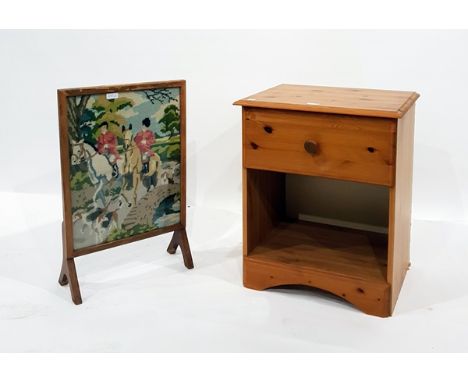 Pine bedside cupboard with frieze drawer and open shelf below, 49cm wide and a firescreen with needlework panel, width 40cm (