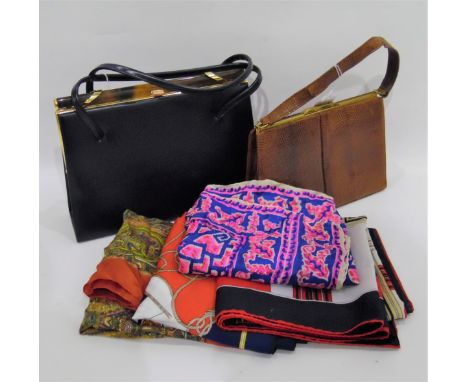 Large quantity of vintage and later silk and other scarves, a lizard skin vintage handbag, circa 1960's, fixed frame, single 