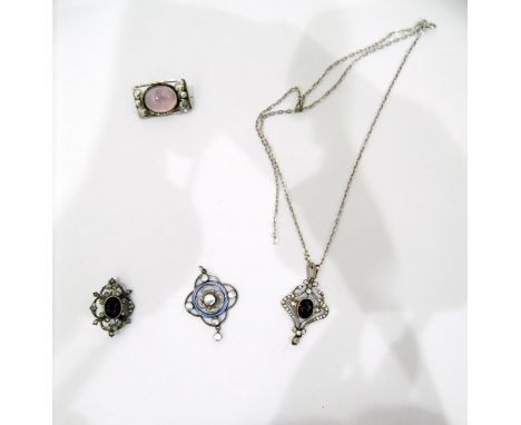 Silver, mother of pearl and enamel pendant, pierced scroll decorated with drops, together with a silver and rose quartz brooc